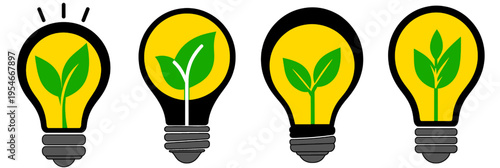 Set of glowing yellow light bulb icons with green leaves representing eco-friendly ideas and renewable energy. Bright, clean vector perfect for sustainability and green technology design.