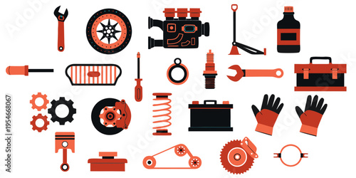 Flat vector set of 25 car repair elements including wrench tool, tire wheel, engine icon, oil bottle, car jack, toolbox, mechanic gloves