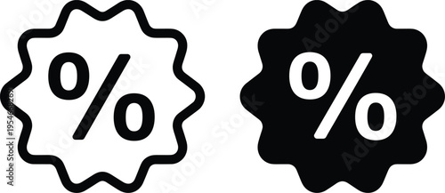 Discount percentage icons in starburst shapes, black and white design, representing sales, promotions, offers, and price reduction symbols for marketing, retail, and advertising projects.