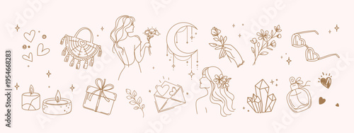 Boho line art icon set with feminine elements woman figures crystals perfume candles jewelry and floral details in minimalist style for branding packaging social media beauty lifestyle design.Vector