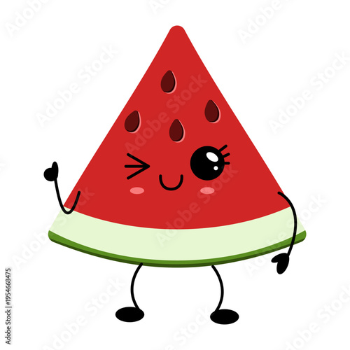 Cute kawaii watermelon character winks. Isolated on transparent background. Funny fruit with eyes, mouth, arms and legs.