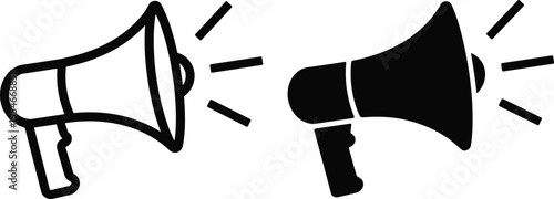 Megaphone icon set with outline and solid styles, minimalist vector illustration isolated on light background, announcement symbol for marketing, promotion, communication, 