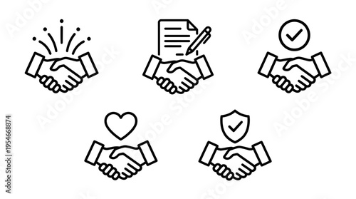 Five outlined handshake icons with radiating lines, document and pen, checkmark, heart, shield and checkmark, symbolizing trust, agreement, protection.