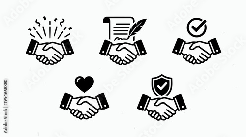 Five outlined handshake icons with radiating lines, document and pen, checkmark, heart, shield and checkmark, symbolizing trust, agreement, protection.