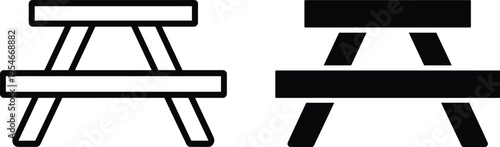Minimalist Picnic Table Icon Set Featuring a Black Outline and Solid Silhouette Glyph Graphic Isolated on White Background for Outdoor Park Furniture Design Elements