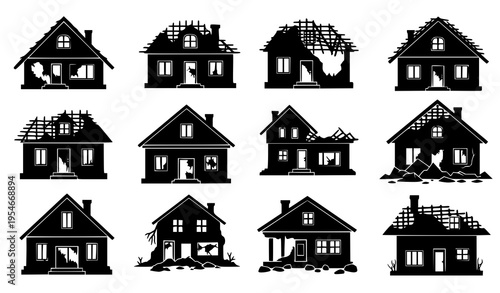 Damaged House Icon Set with Broken Roofs, Cracked Walls, Debris, and Ruined Buildings for Disaster, Insurance Claims, Emergency Response, and Reconstruction Design Use