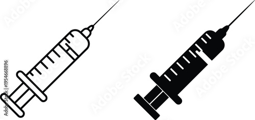 Minimalist Syringe Icon Set Featuring a Black Outline and Solid Silhouette Glyph Graphic Isolated on White Background for Medical Healthcare Vaccination Design