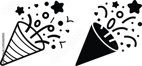 Party popper icons in black and white design, showing outlined and solid styles, symbolizing celebration, festivity, joy, and event decoration for creative projects.