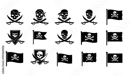 Pirate Skull and Crossbones Icon Set with Jolly Roger Flags, Buccaneer Symbols, and Nautical Emblems for Sea Adventure, Gaming, and Vintage Design