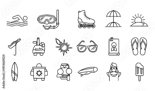 Summer Vacation and Beach Activity Icon Set with Swimming, Snorkeling, Skating, Sunglasses, Umbrella, Surfboard, Travel Elements, and Holiday Symbols for Leisure Design