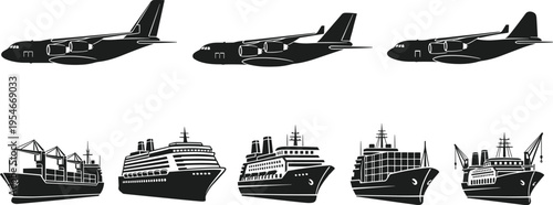 Transportation vehicle silhouette illustration set, airplane ship artwork design, travel vector motif, bold graphic icon, black white transport symbol