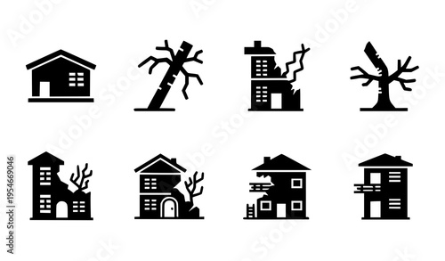 Natural Disaster and Damaged Property Icon Set with Broken Houses, Cracked Buildings, Fallen Trees, and Storm Damage Symbols for Insurance and Emergency Design