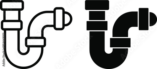 Plumbing pipe icons in black and white design, showing outlined and solid P‑trap styles, symbolizing drainage, plumbing systems, construction, and household maintenance projects.