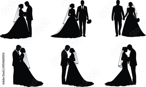 Wedding couple silhouette illustration set, romantic artwork design, marriage vector motif, bold graphic icon, black white love symbol