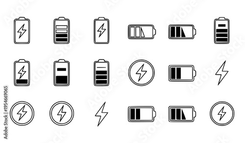 Battery Charge Level Icon Set with Charging Symbols, Power Indicators, Full and Low Energy Status for Mobile Devices, Apps, and Technology Interface Design