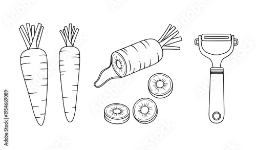Carrot Vegetable Preparation Icon Set with Whole Carrots, Sliced Pieces, Peeling Tool, and Cooking Process Elements for Kitchen, Food, and Healthy Diet Design