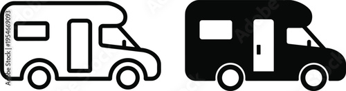 Recreational vehicle icons in black and white design, showing outlined and solid styles, symbolizing travel, camping, road trips, and adventure for tourism and lifestyle projects.