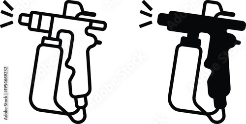 Spray gun icons in black and white design, showing outlined and solid styles with spray lines, symbolizing painting, coating, and industrial tools for creative projects.