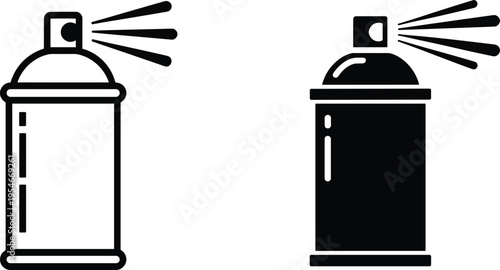 Spray paint can icons in black and white design, showing outline and solid styles with spraying effect, symbolizing art, graffiti, creativity, and design elements.