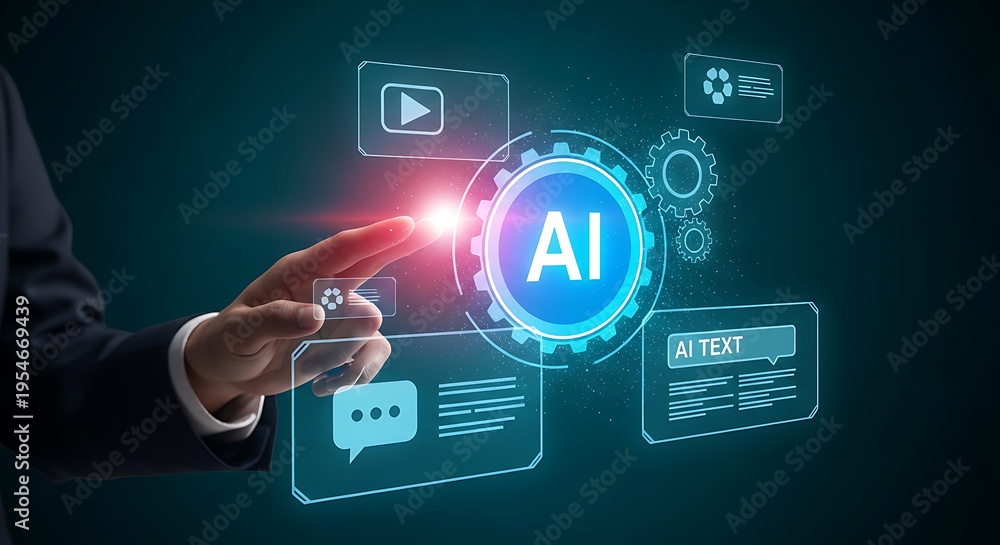 Naklejka premium Businessman interacting with artificial intelligence interface on futuristic digital screen transparent background