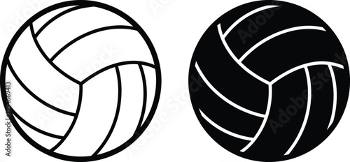 Volleyball icons in black and white design, showing outlined and solid styles with panel patterns, symbolizing sports, competition, and recreation for athletic and creative projects.