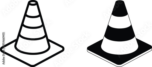 Traffic cone icons in black and white design, showing outlined and solid styles, symbolizing safety, caution, construction, and roadwork for signage, design, and visual projects.