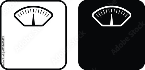 Weighing scale icons in black and white design, showing outlined and solid styles with dial and pointer, symbolizing measurement, balance, health, and precision.