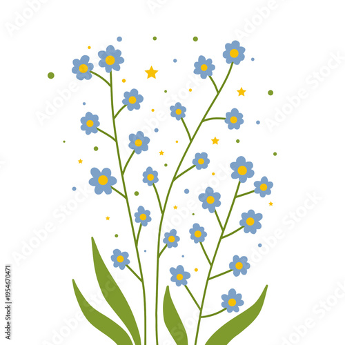 Hand drawn blue forget me Not flowers illustration vector. Minimalist spring floral wildflower bouquet with stars