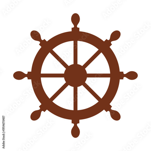 Brown nautical ship wheel silhouette. Maritime navigation and sea travel concept vector illustration.