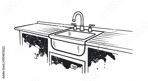 Kitchen sink and faucet illustration, vintage style