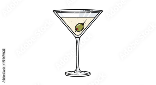 Martini cocktail with olive in a stemmed glass, isolated on white background, illustration