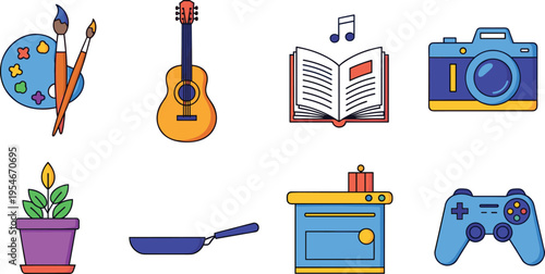 Hobby and Everyday Activity Icon Set with Painting, Music, Reading, Photography, Gaming, Cooking, and Home Lifestyle Elements for Creative and Leisure Design