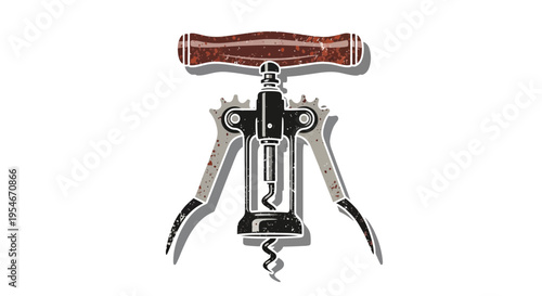 Vintage corkscrew opener on white background, retro style, wine accessory