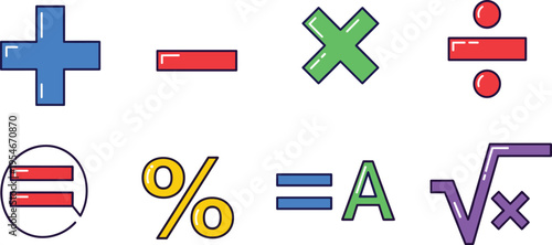 Mathematical Symbols Icon Set with Addition, Subtraction, Multiplication, Division, Percentage, Equality, and Square Root Signs for Education and Calculation Design