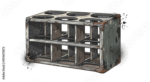 Vintage metal bottle carrier with six compartments, weathered and rusty