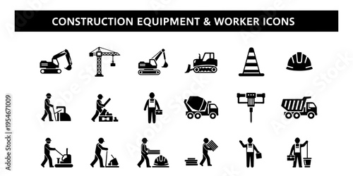 Professional Minimalist Silhouette Icons of Construction Equipment and Workers for Industry Design