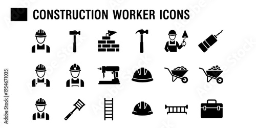 Minimalist Graphic Icons Depicting Construction Workers and Tools in a Professional Context