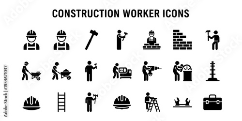 Minimalist Informative construction worker icons set with various tools and professional activities for industry and engineering concepts