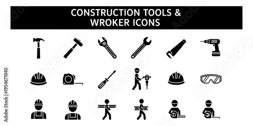 A Collection of Informational Construction Tools and Worker Icons in a Minimalist Style for DIY and Industry Projects