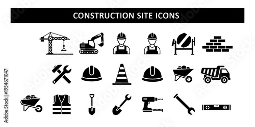A Minimalist and Professional set of construction site icons featuring essential building tools heavy machinery and worker safety equipment for industry related projects.