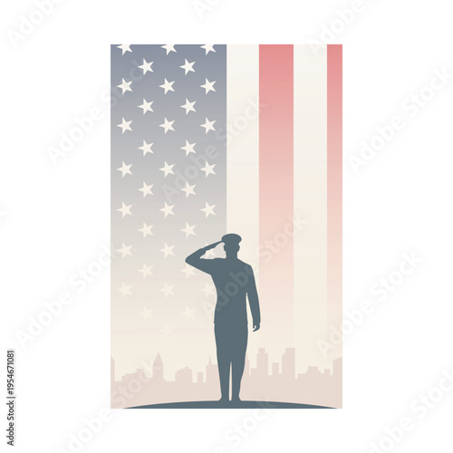 Saluting Soldier Silhouette with USA Flag and City Skyline Background