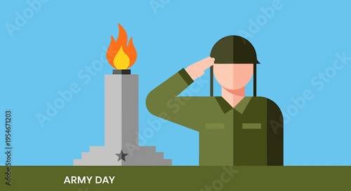A solemn flat illustration depicting a military figure rendering a respectful salute to a memorial flame monument, symbolizing national remembrance and appreciation for armed forces service