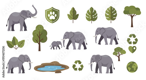 Illustrative collection of elephants, lush trees, and eco-friendly conservation symbols; perfect for promoting wildlife protection and environmental awareness