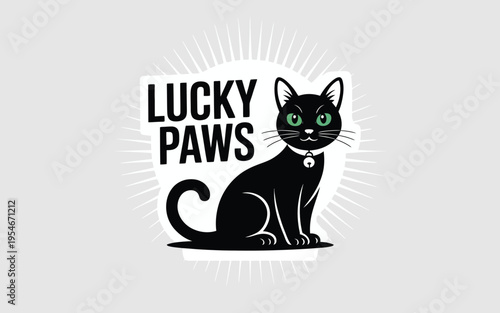 A black cat with green eyes and a collar sits next to Lucky Paws text