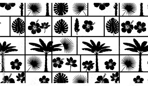 Grid-based seamless banana tree and tropical foliage vector pattern for decorative use