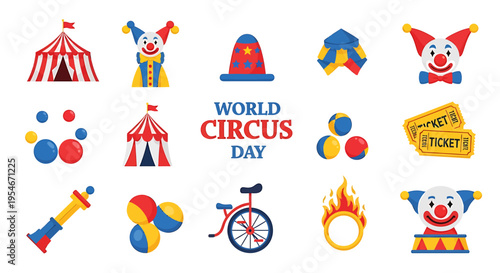 Vibrant collection of flat design circus icons and entertainment elements, including tents, joyful clowns, juggling items, and tickets, perfect for celebrating shows and fun events