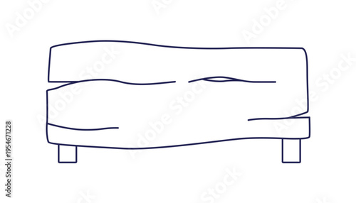 Dining table with rough rustic wooden slab, contour outline drawing. Wood furniture, top down view, from above. Handmade timber surface. Flat vector illustration isolated on white background