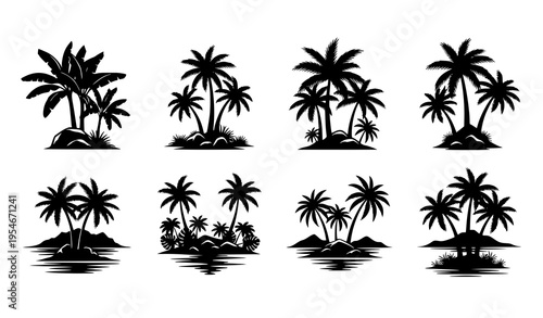 Tropical island and jungle vector scenes with banana trees in silhouette style
