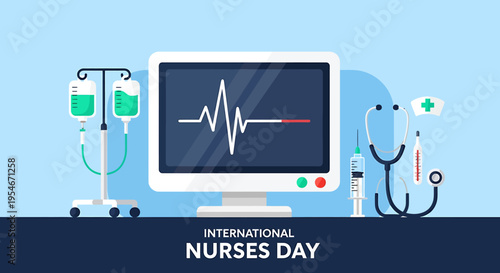 International Nurses Day: A heart monitor, intravenous drip, stethoscope, and other medical instruments on Nurses day. 
