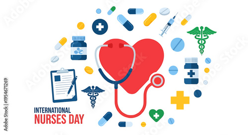 International Nurses Day: A graphic illustration depicting the celebration of International Nurses Day, symbolizing care, medical attention, and healthcare services.